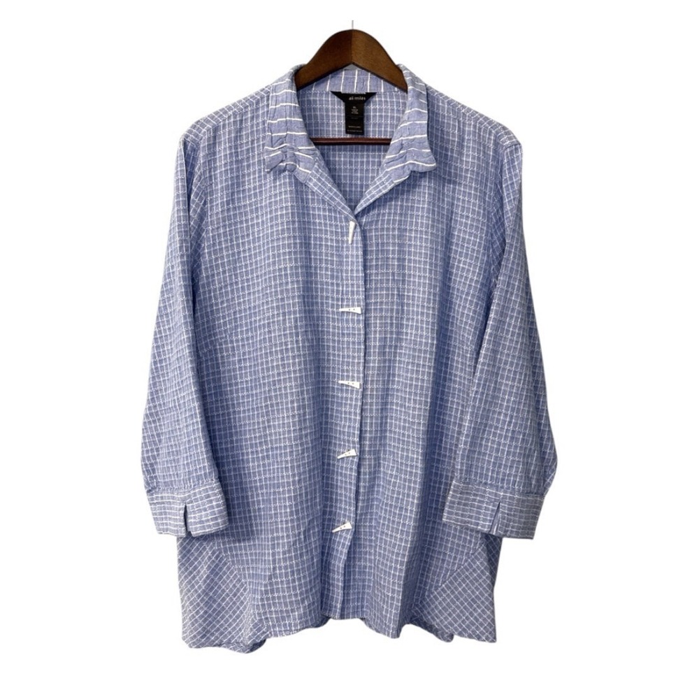 Ali Miles button up top women's XL blue plaid linen blend coastal beach country
